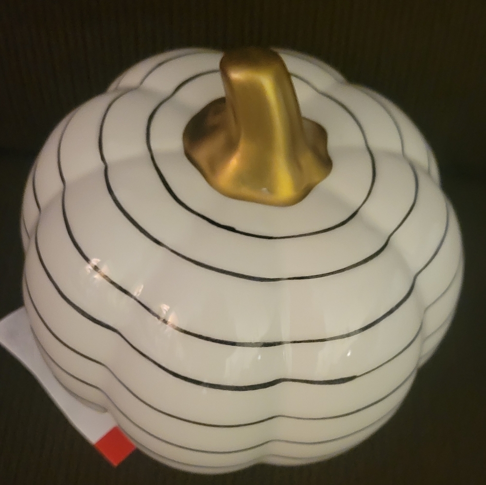 Gold Stem Orange Pumpkin & White Ceramic Pumpkin With Black Circles Pattern - Picture 7 of 11
